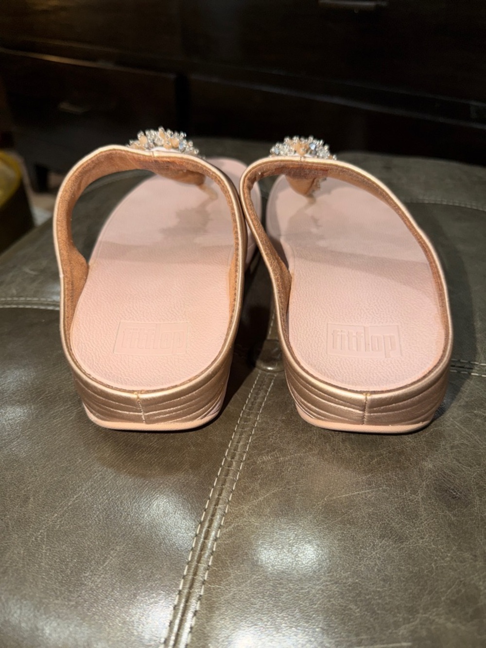 FitFlop Rose Gold Jeweled T-Bar Sandals - Picture 2 of 7